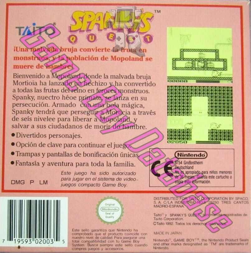 Spanky's Quest ESP Back of the box