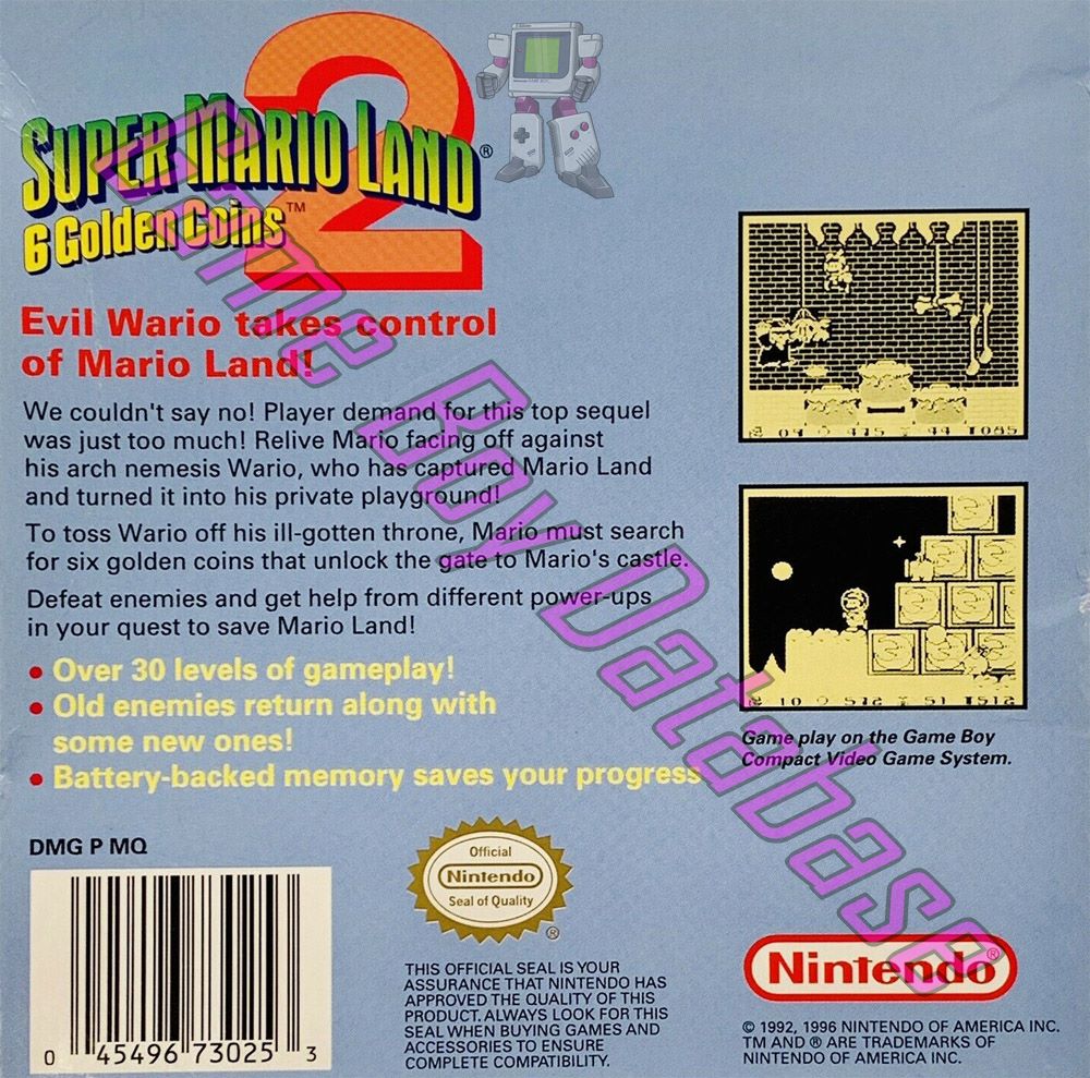 Super Mario Land 2: 6 Golden Coins USA-1 Back of the box