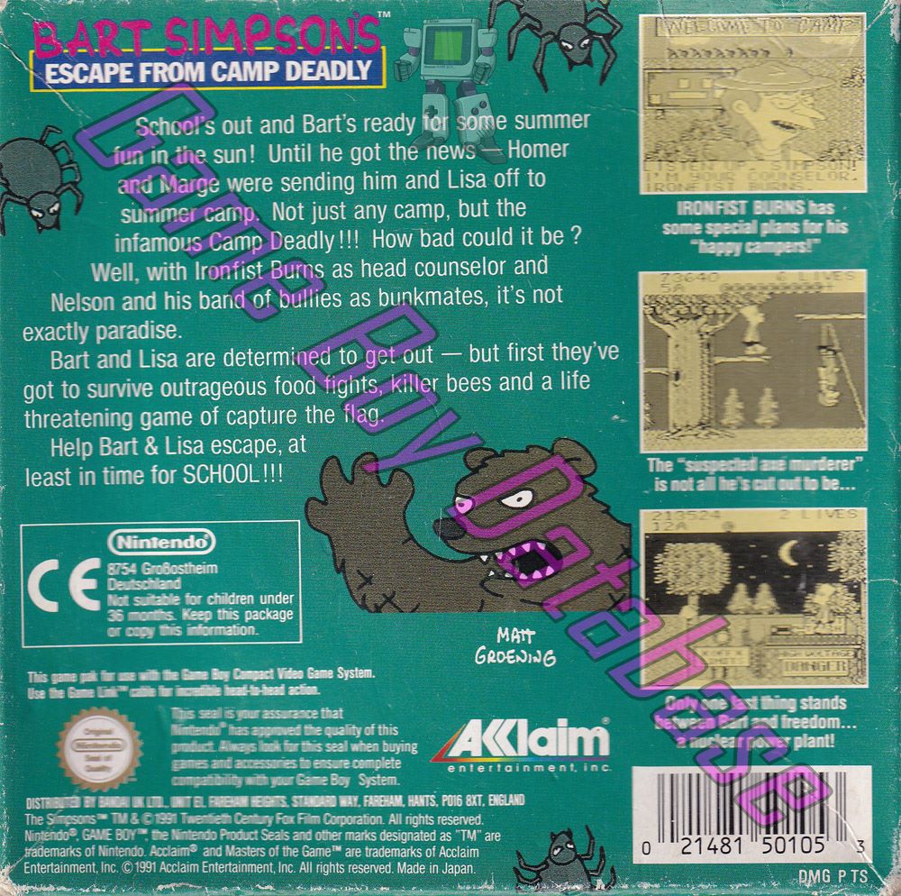 Bart Simpson's Escape from Camp Deadly UKV Back of the box