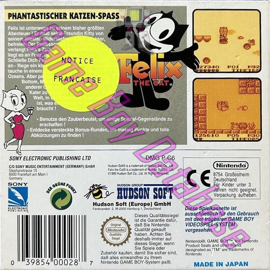 Felix the Cat NOE Back of the box