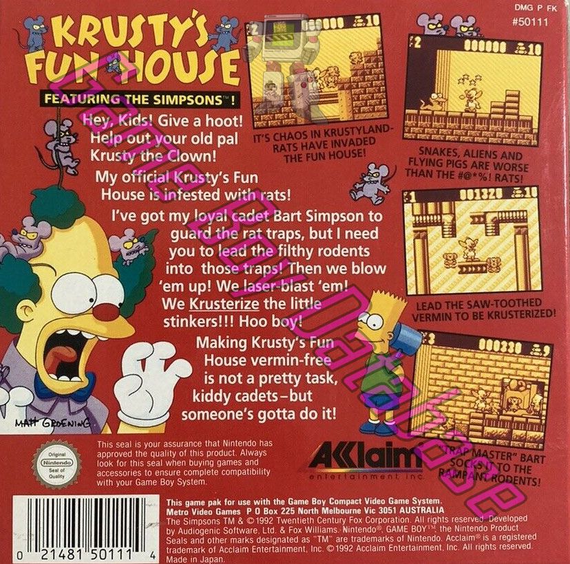 Krusty's Fun House AUS Back of the box