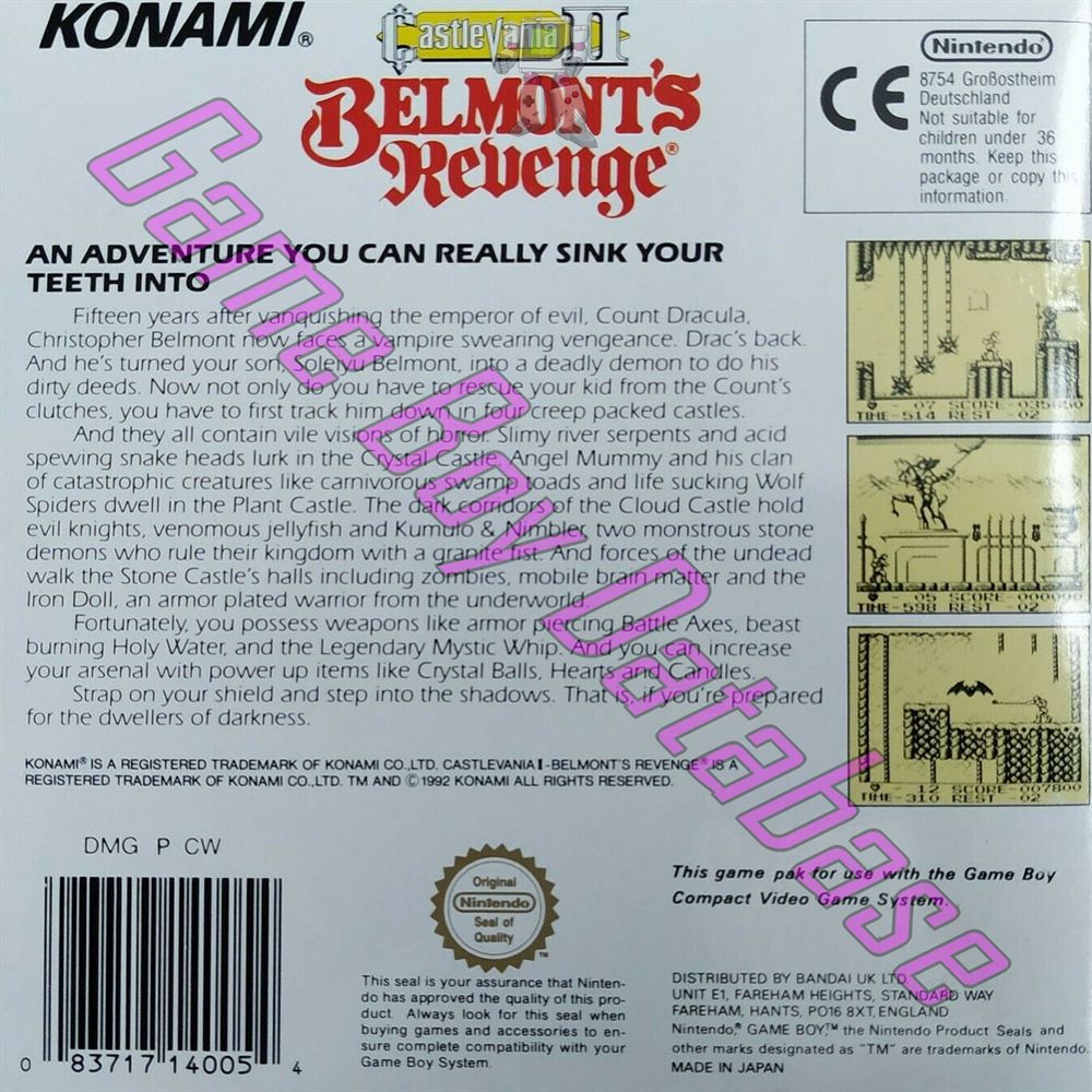 Castlevania II Belmont's Revenge UKV Back of the box