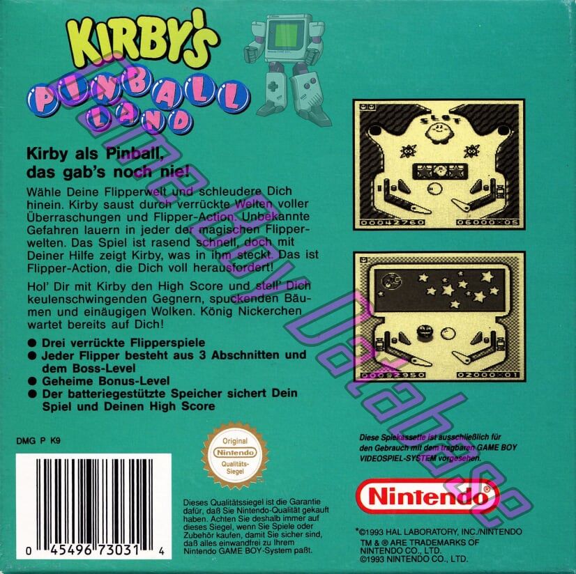 Kirby's Pinball Land NOE-1 Back of the box