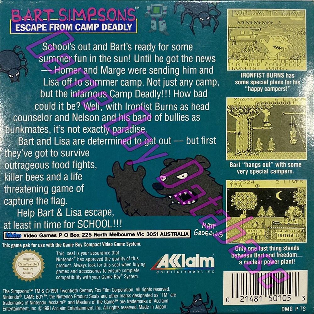 Bart Simpson's Escape from Camp Deadly AUS Back of the box