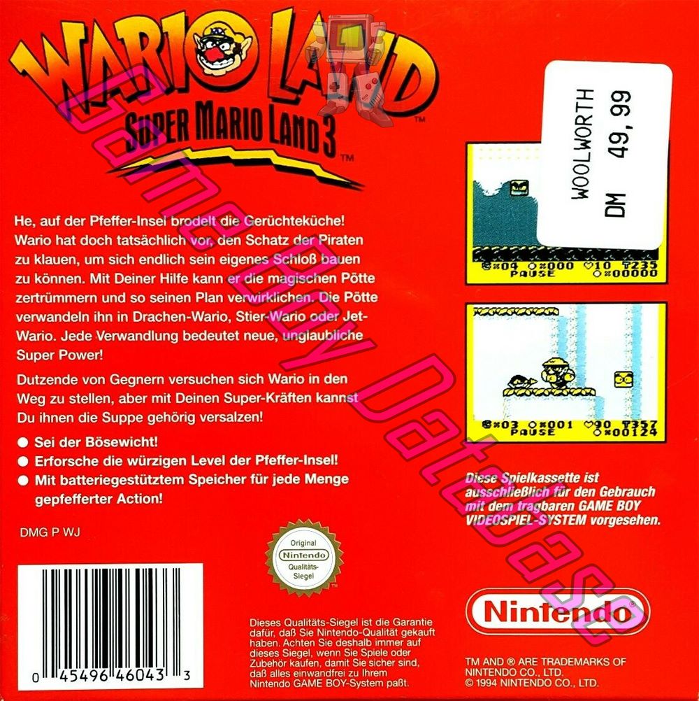 Wario Land: Super Mario Land 3 NOE-1 Back of the box