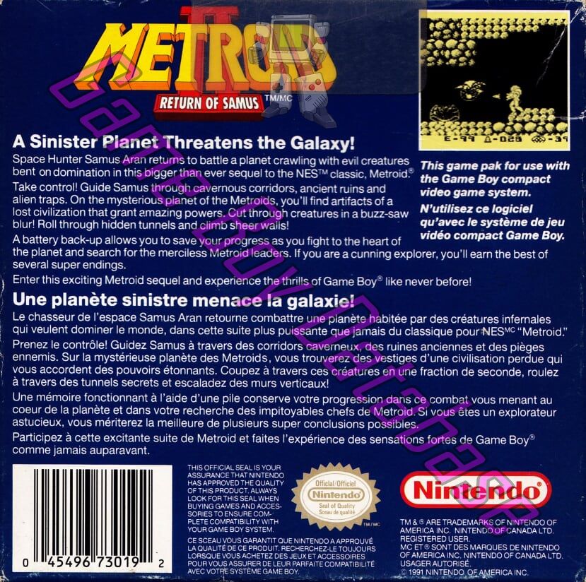 Metroid II Return of Samus CAN Back of the box