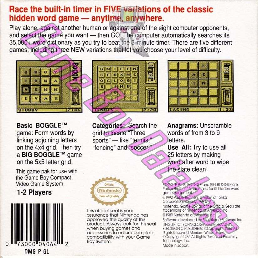 Boggle Plus USA Back of the box