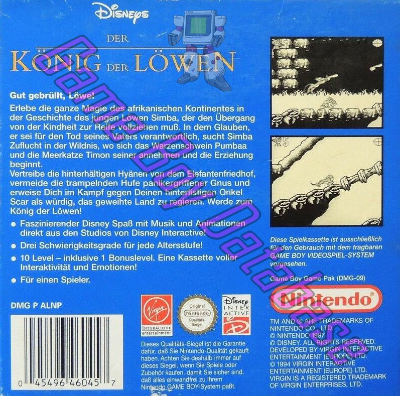 Konig der Lowen (Disney) NNOE Back of the box