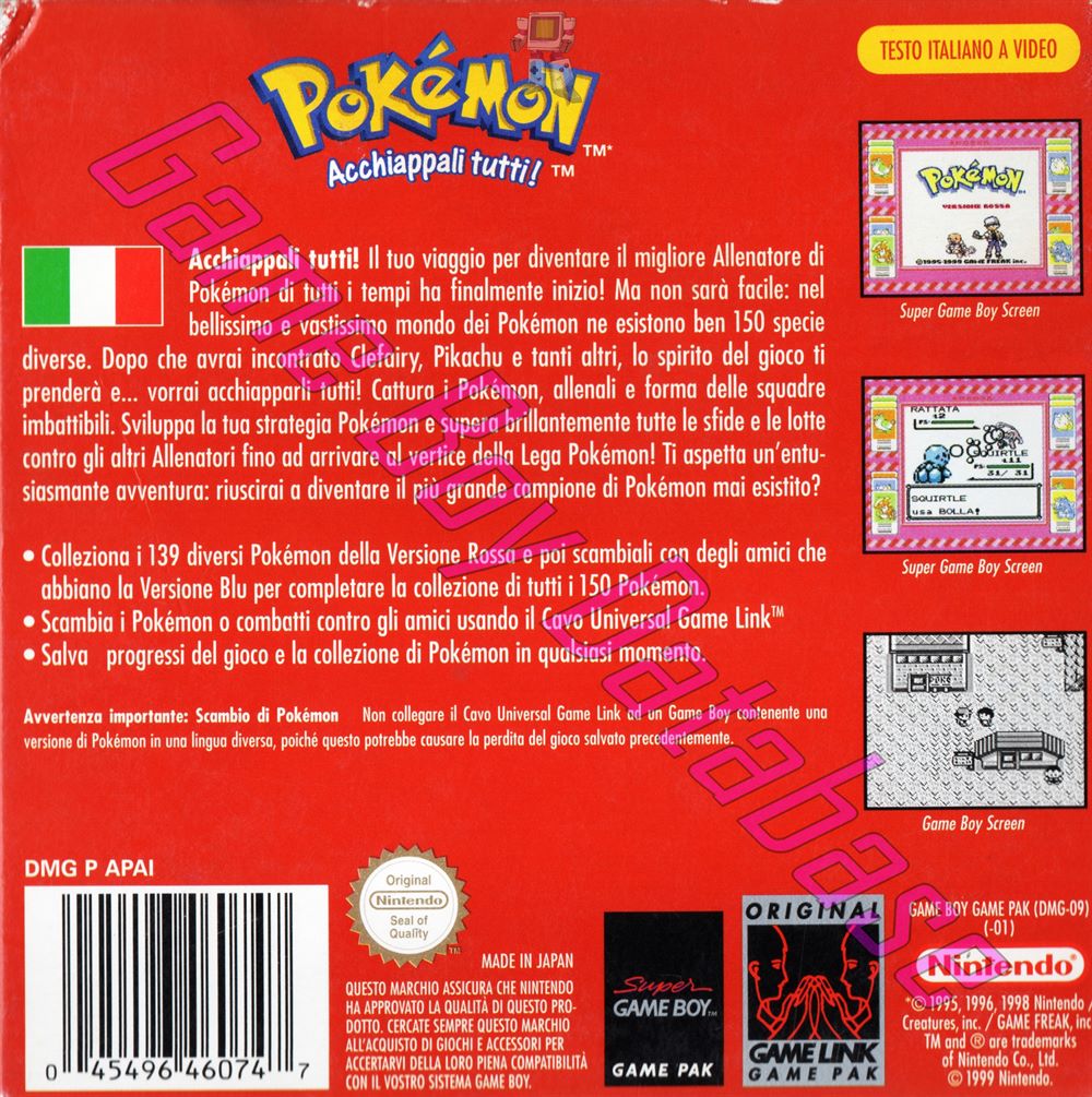 Pokemon Versione Rossa NITA Back of the box