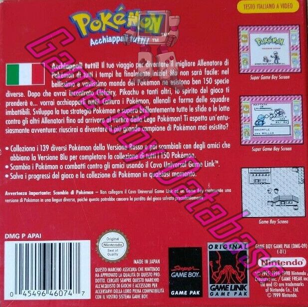 Pokemon Versione Rossa NITA-1 Back of the box