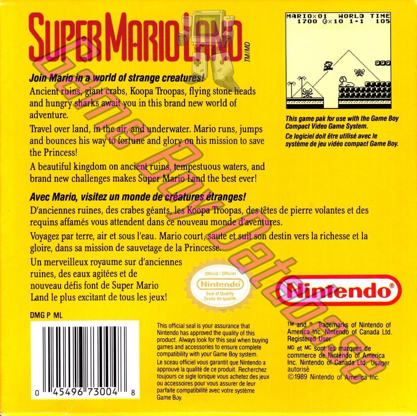 Super Mario Land CAN Back of the box