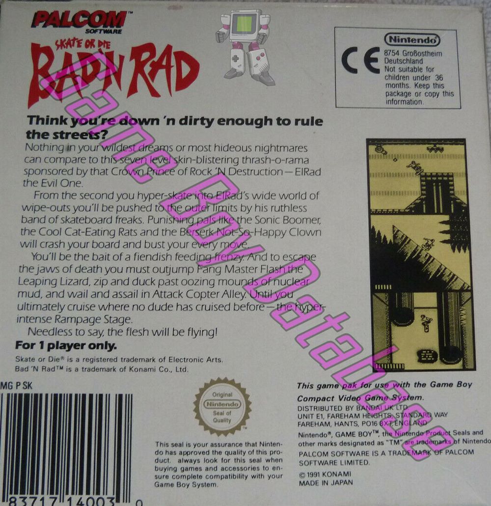 Bad'n Rad (Skate or Die) UKV Back of the box