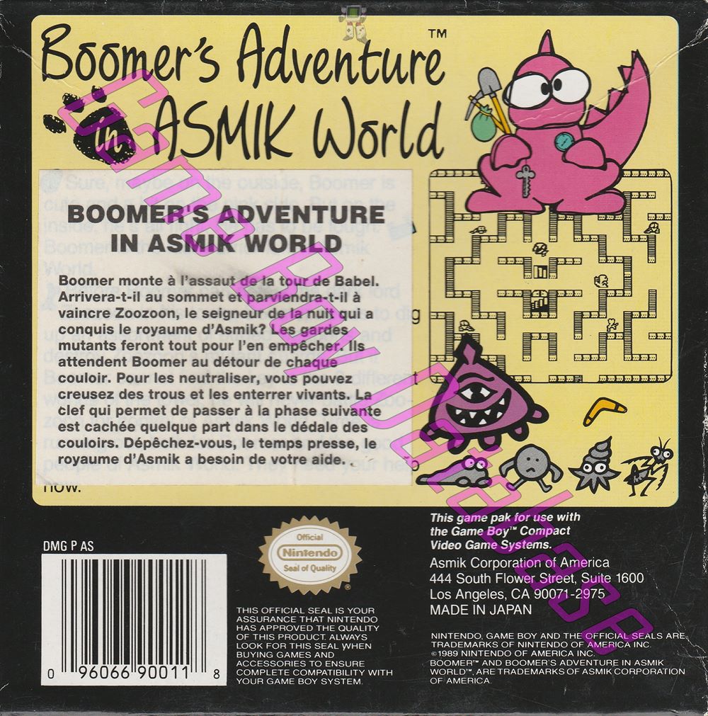 Boomer's Adventure in Asmik World USA Back of the box