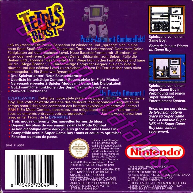 Tetris Blast FRG-1 Back of the box