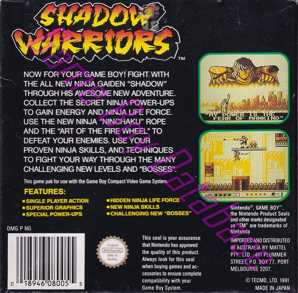 Shadow Warriors Ninja gaiden AUS Back of the box