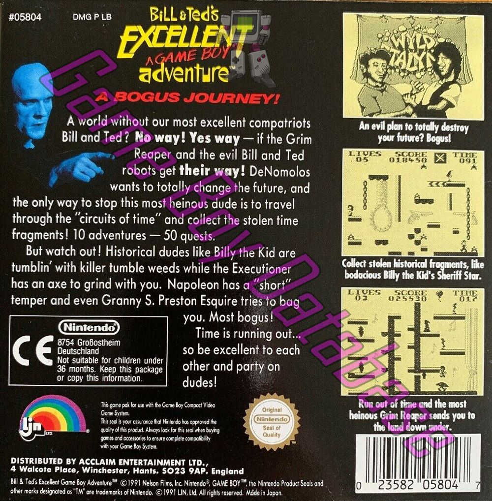 Bill & Ted's Excellent Game Boy Adventure UKV Back of the box