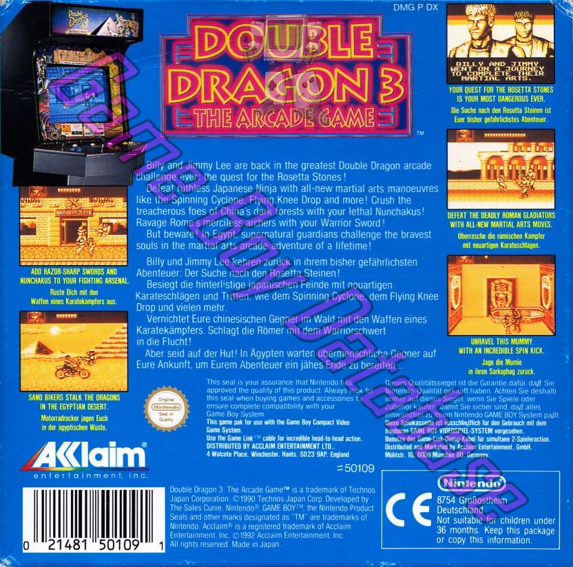 Double Dragon 3 the Arcade Game NOE Back of the box