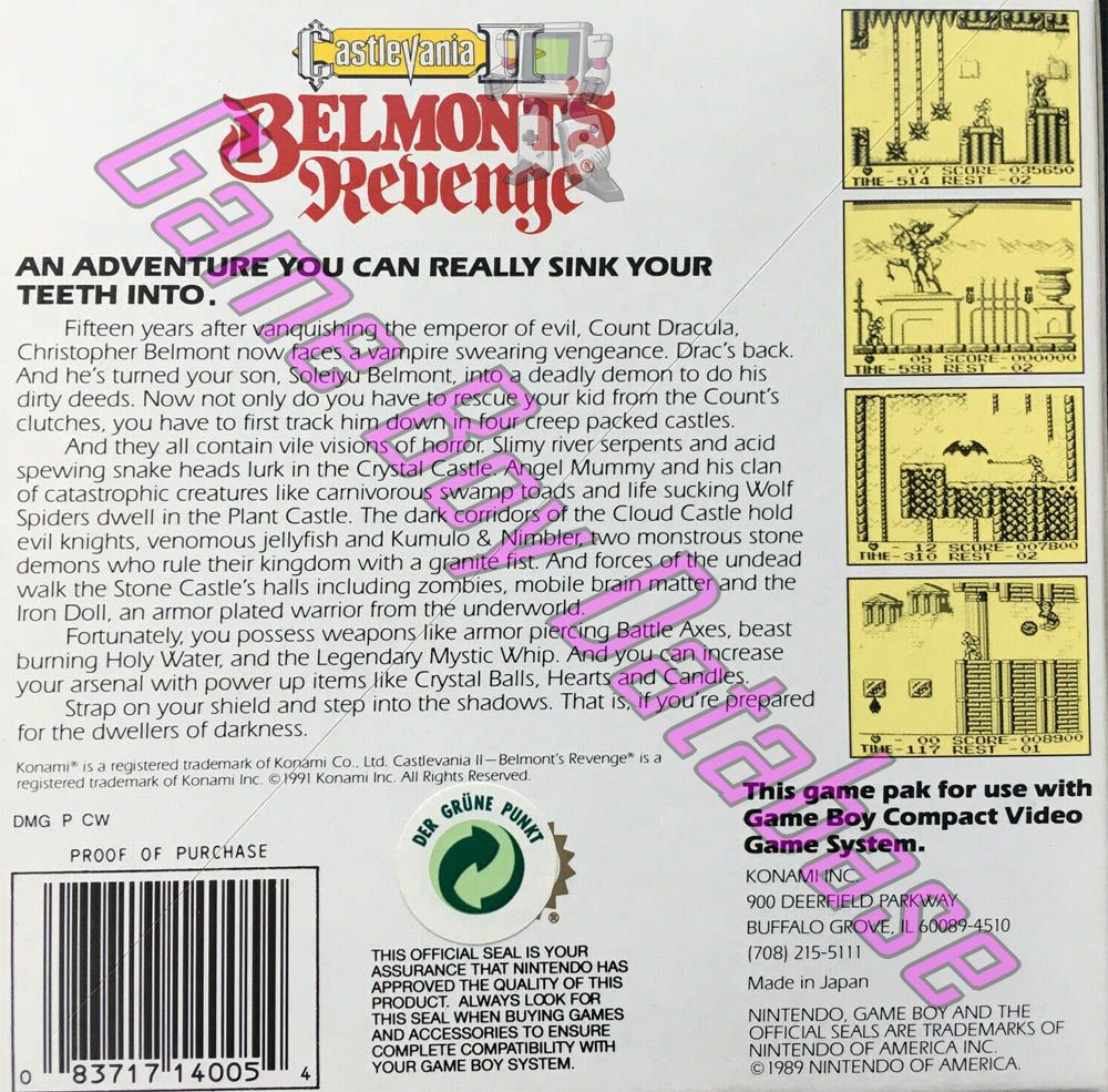 Castlevania II Belmont's Revenge USA Back of the box