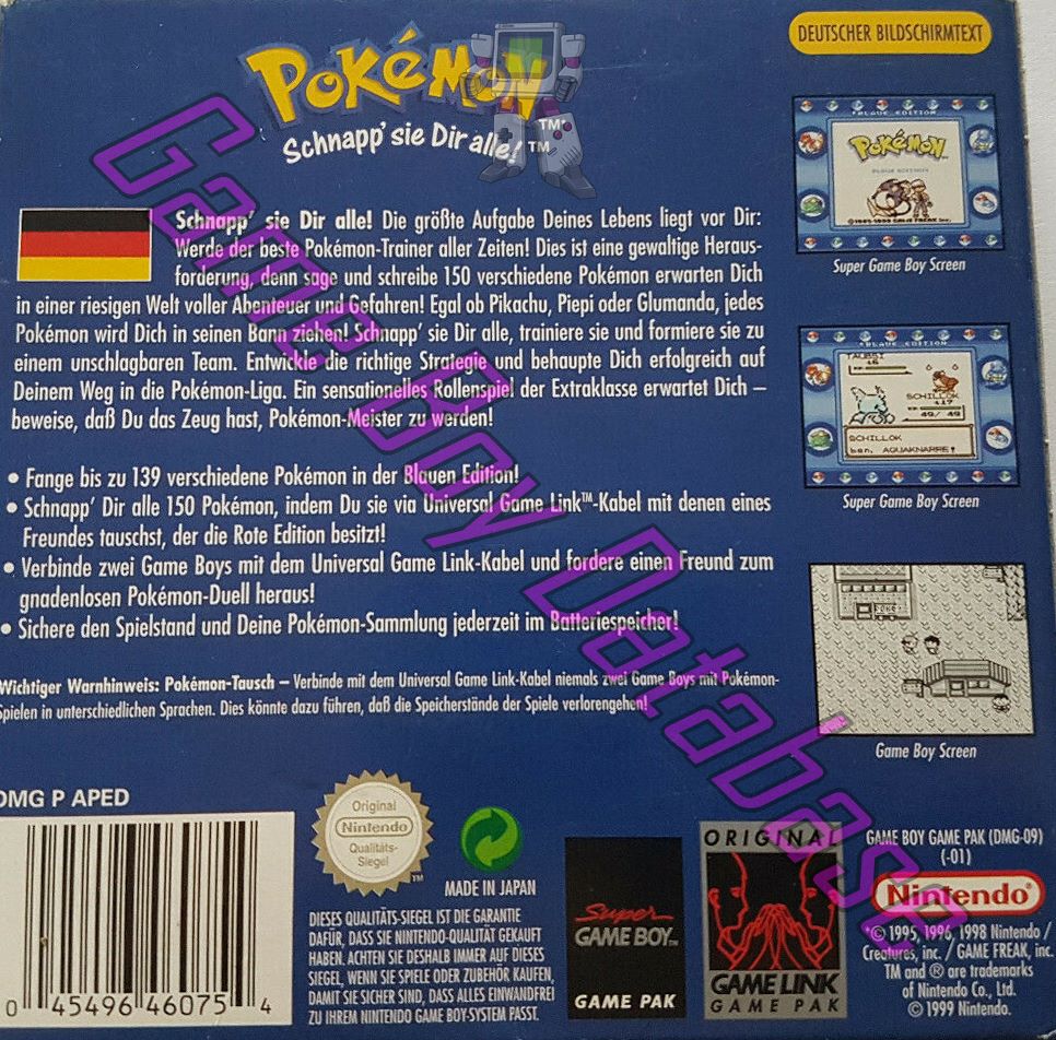 Pokemon Blaue Edition NNOE-2 Back of the box