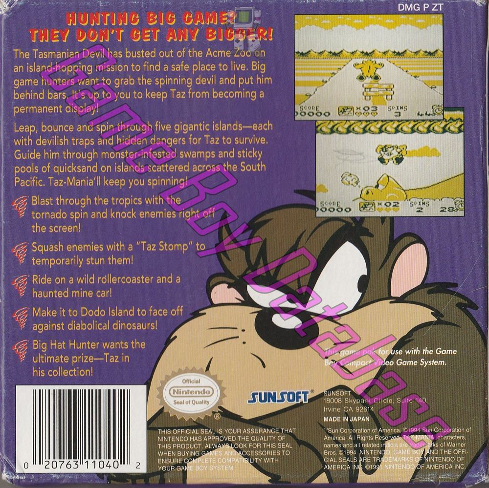 Taz-Mania USA-1 Back of the box