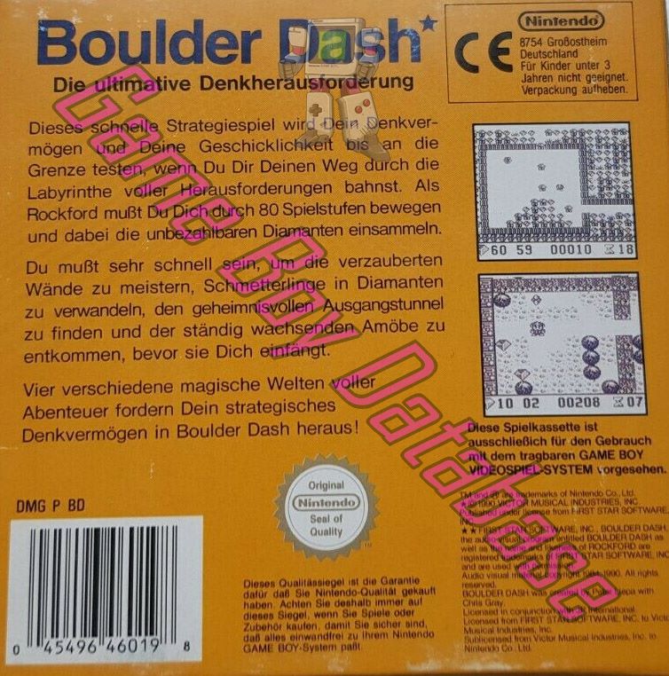 Boulder Dash FRG-1 Back of the box