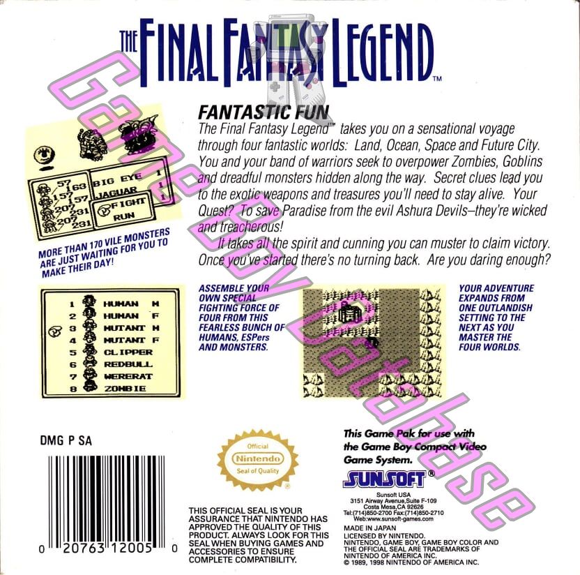 Final Fantasy Legend (the) USA-2 Back of the box