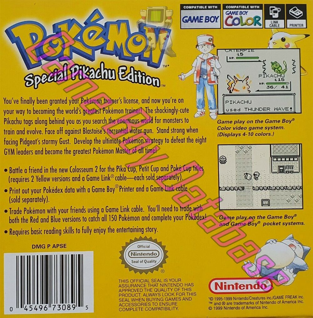 Pokemon Special Pikachu Edition Yellow Version USA Back of the box