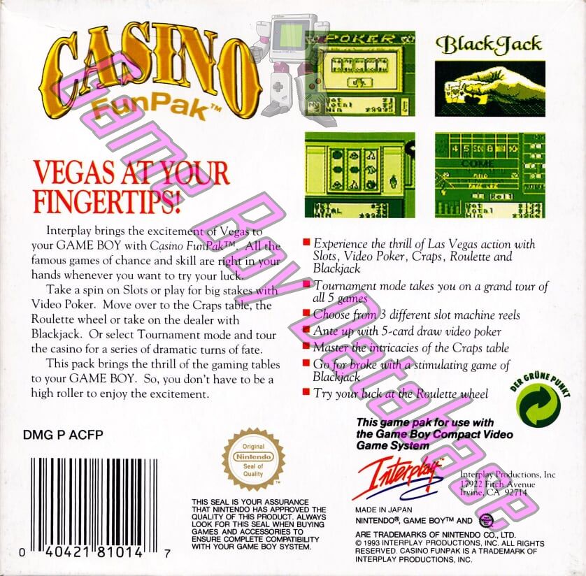 Casino Fun Pak GPS Back of the box