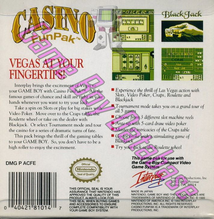 Casino Fun Pak USA Back of the box