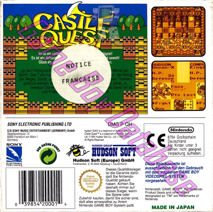 Castle Quest NOE Back of the box