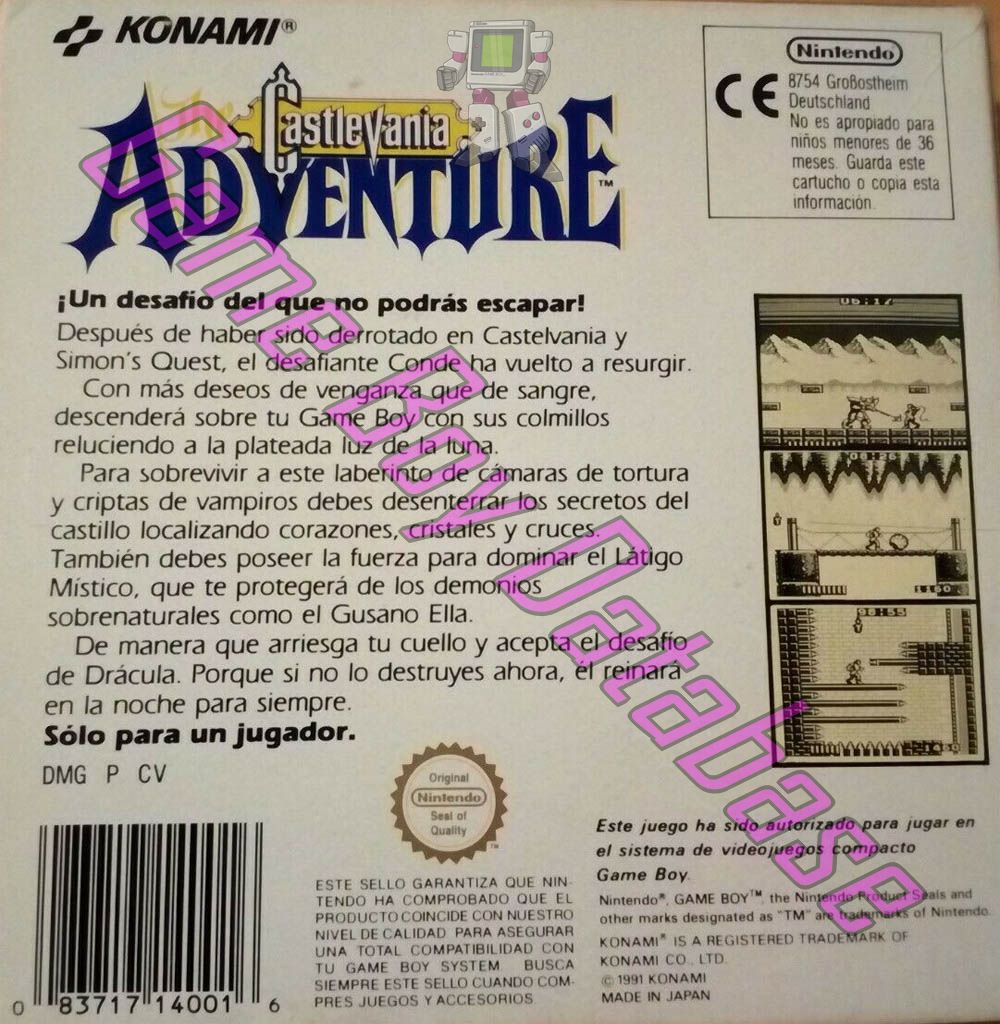 Castlevania the Adventure ESP Back of the box