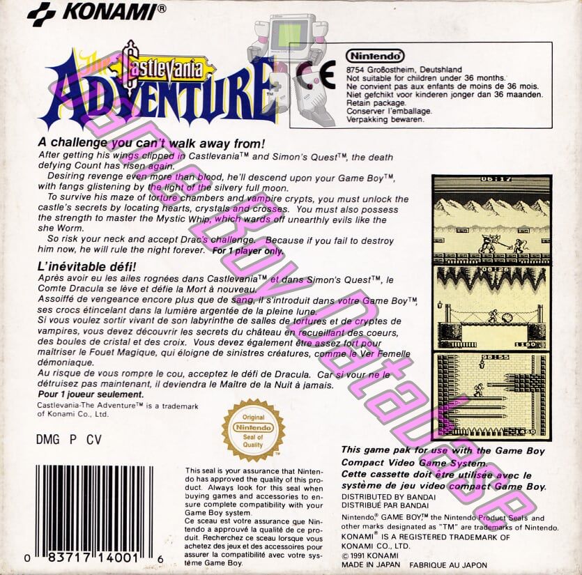 Castlevania the Adventure FAH Back of the box