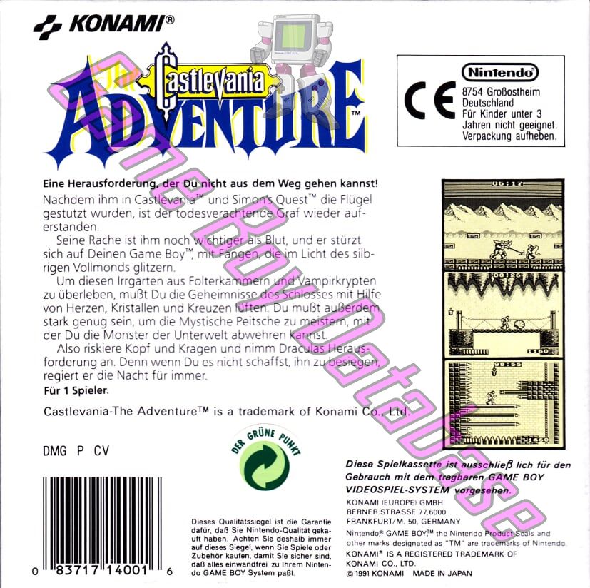 Castlevania the Adventure NOE Back of the box