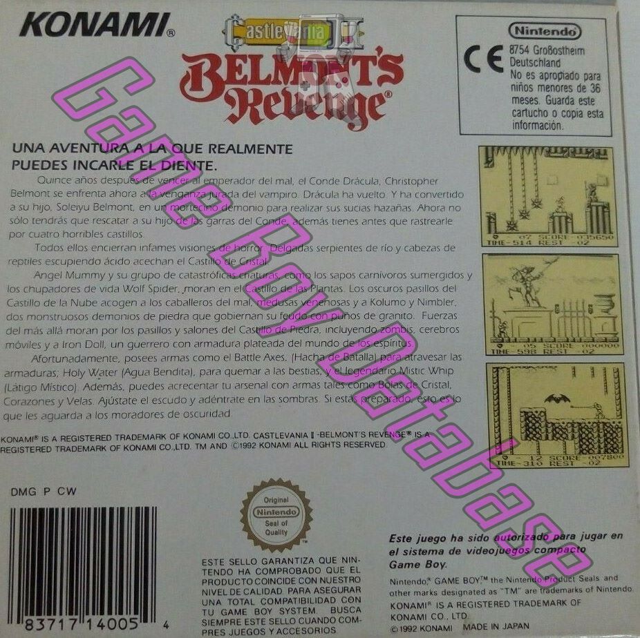 Castlevania II Belmont's Revenge ESP Back of the box