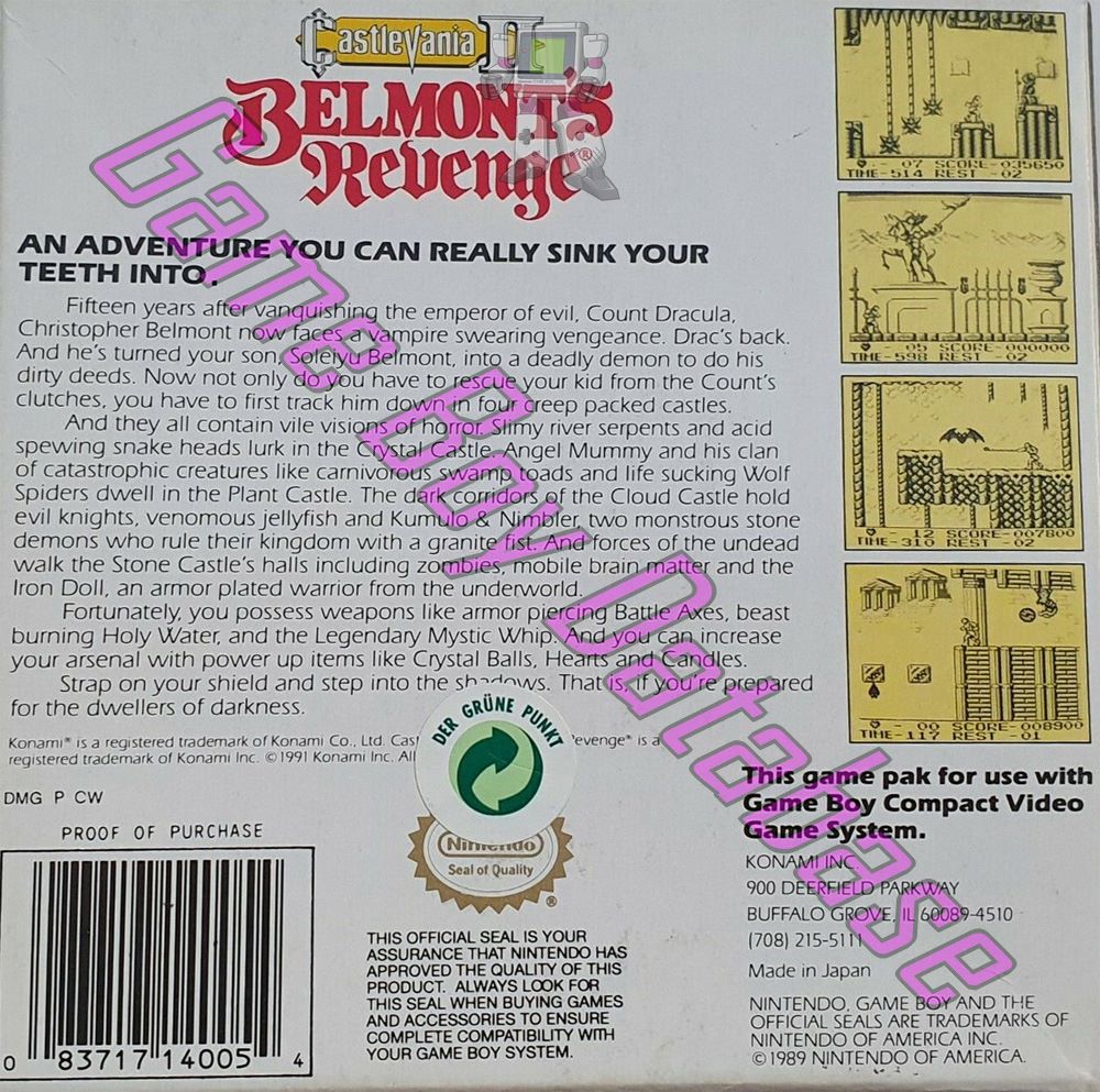 Castlevania II Belmont's Revenge USA Back of the box