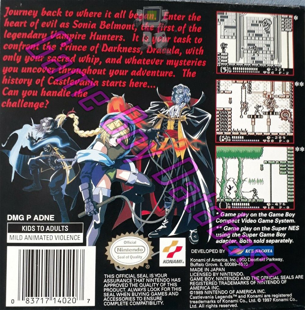 Castlevania Legends USA Back of the box