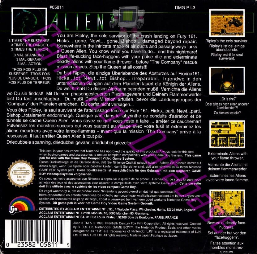 Alien 3 FAH-1 Back of the box