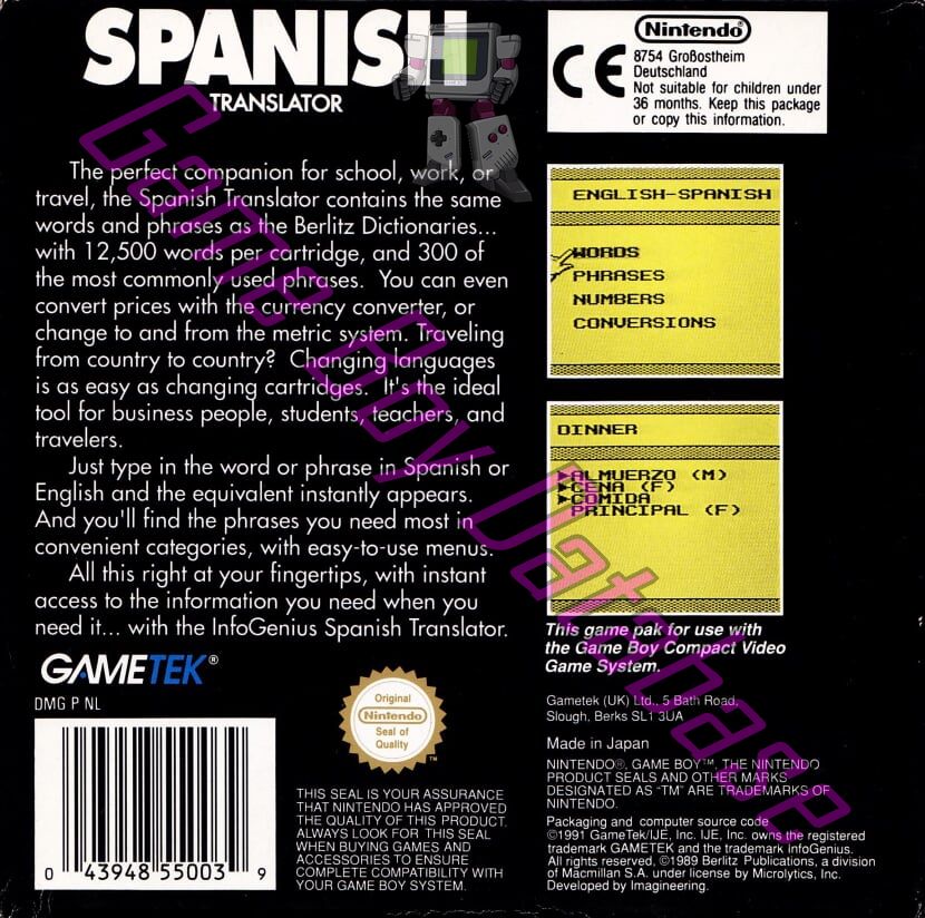 InfoGenius Berlitz Spanish Translator UKV Back of the box