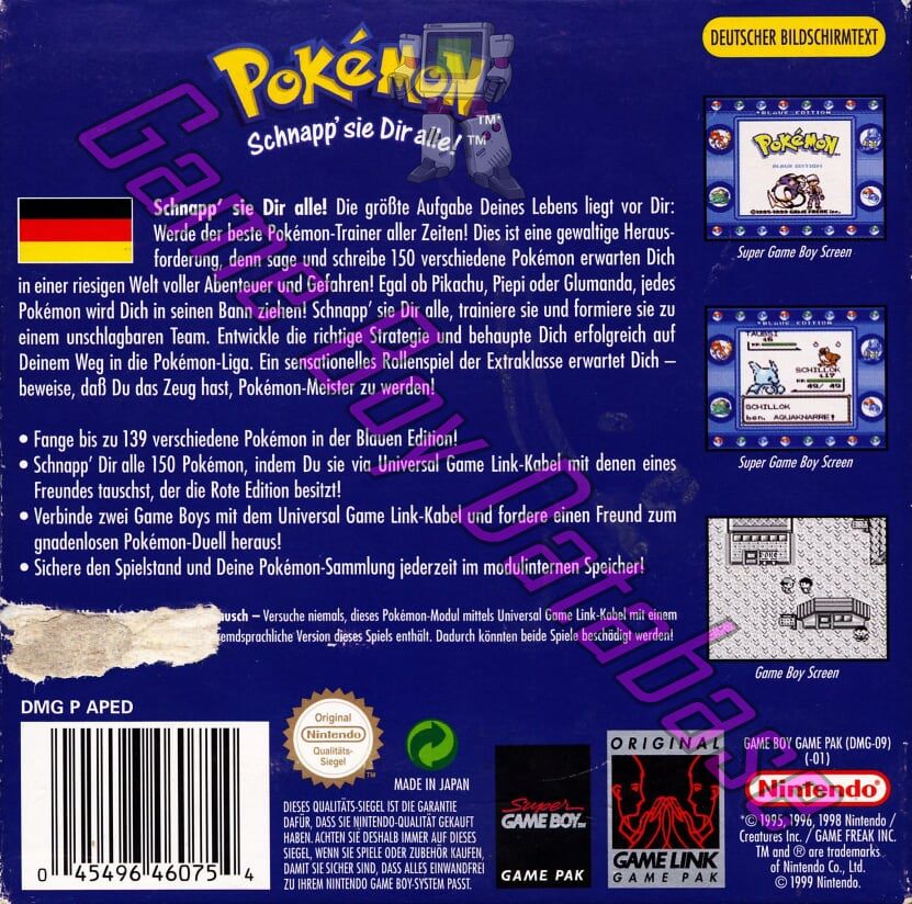 Pokemon Blaue Edition NNOE Back of the box