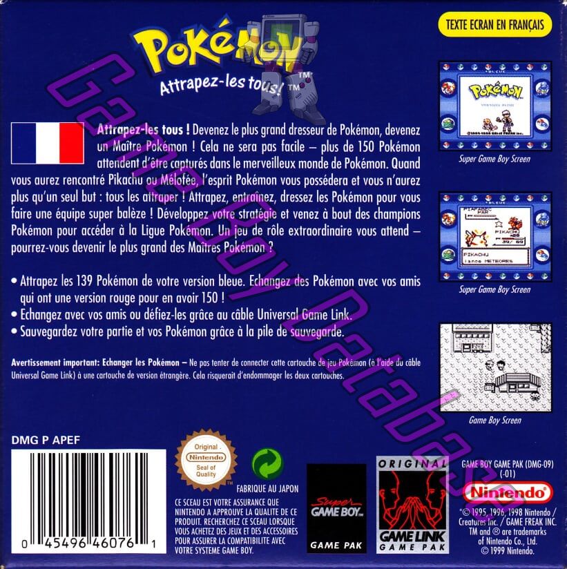 Pokemon Version bleue NFRA Back of the box