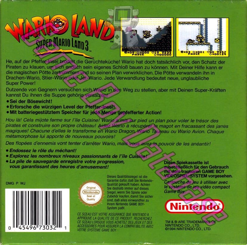 Wario Land: Super Mario Land 3 FRG-1 Back of the box