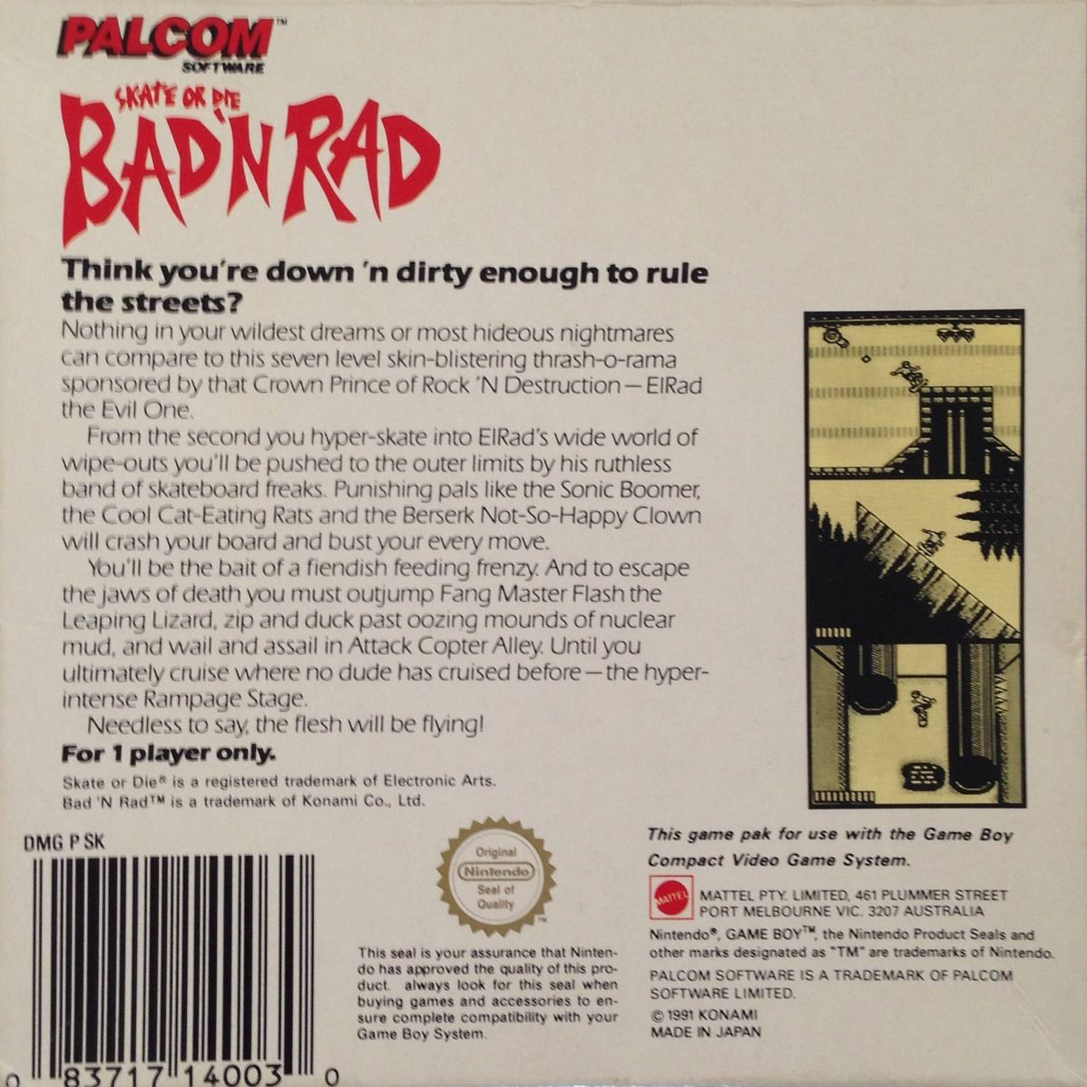 Bad'n Rad (Skate or Die) AUS Back of the box