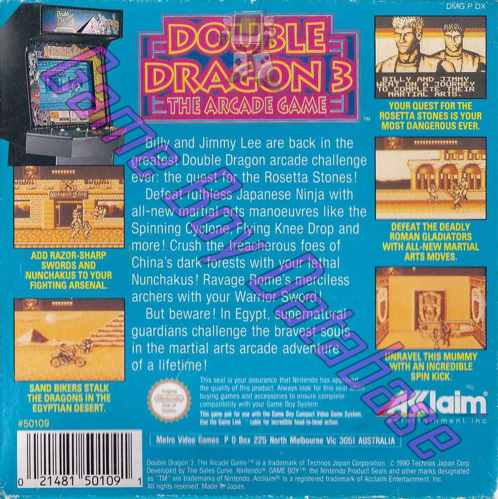 Double Dragon 3 the Arcade Game AUS Back of the box