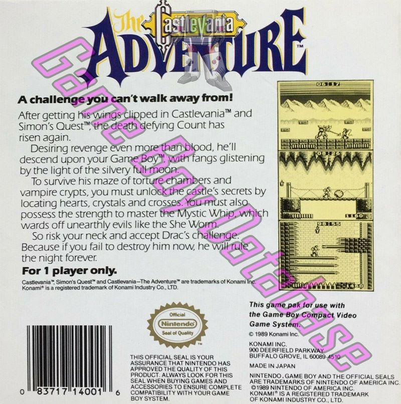 Castlevania the Adventure USA Back of the box