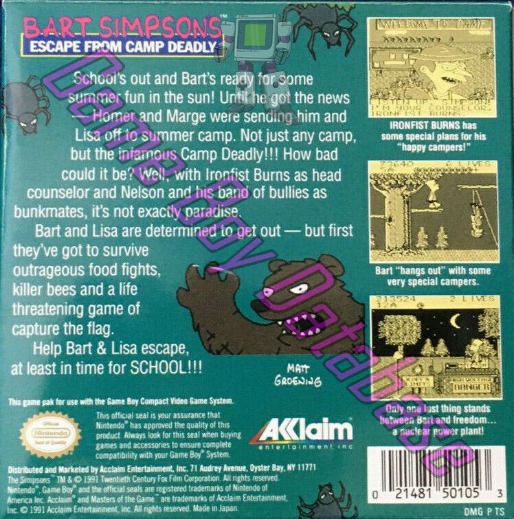 Bart Simpson's Escape from Camp Deadly USA Back of the box