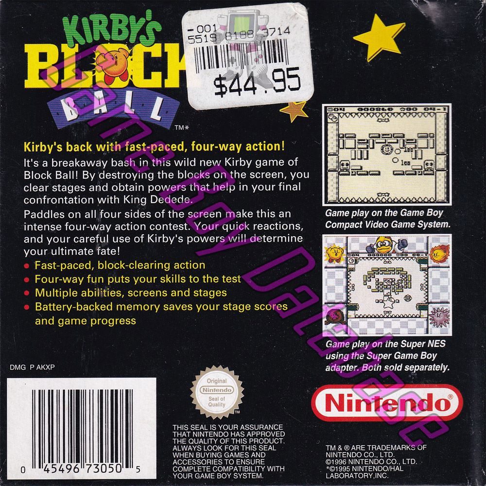 Kirby's Block Ball AUS Back of the box