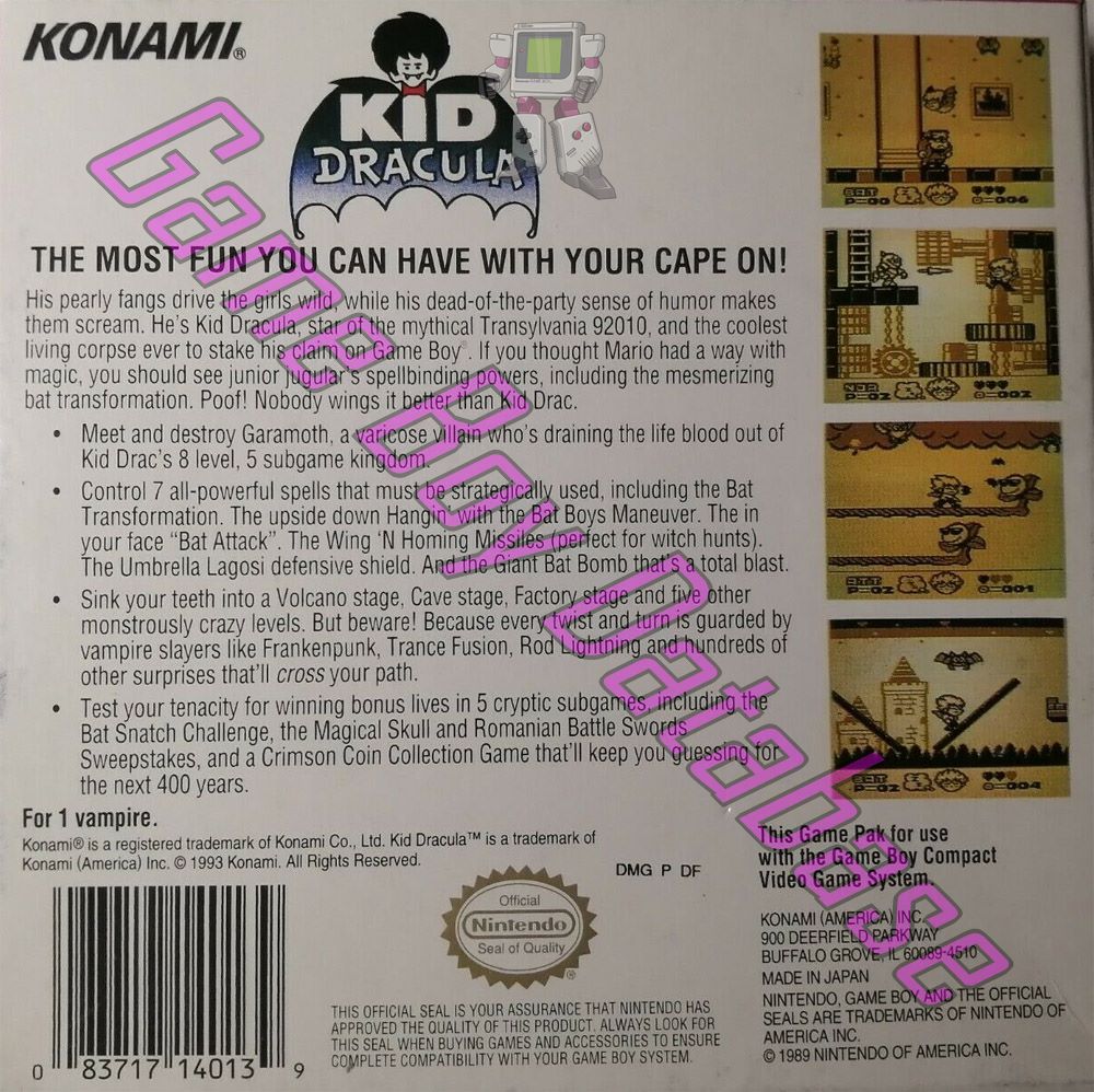 Kid Dracula USA-1 Back of the box