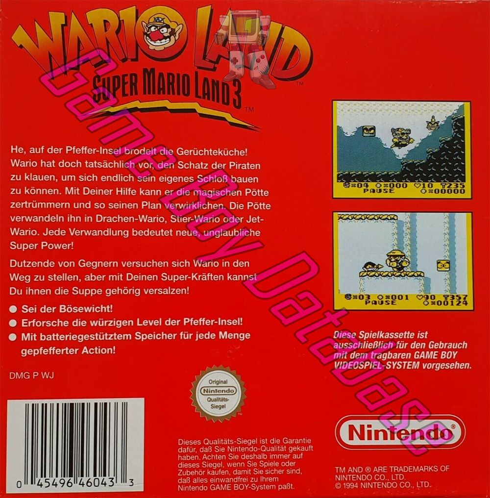 Wario Land: Super Mario Land 3 (Nintendo Classics version) NOE Back of the box