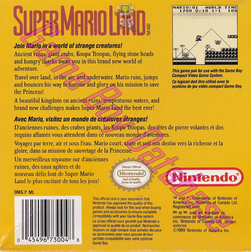 Super Mario Land CAN Back of the box