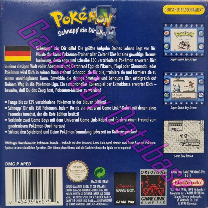 Pokemon Blaue Edition NNOE-3 Back of the box